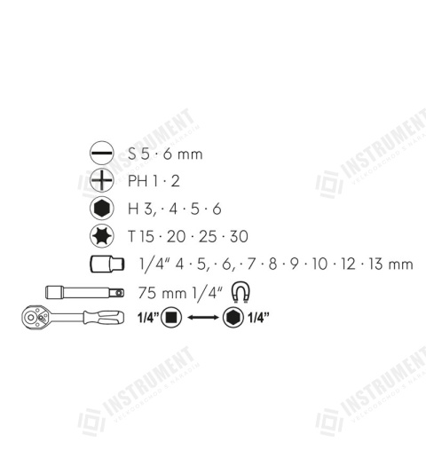 Sada oboustranná ráčna s bity a adaptery 1/4&quot; 23ks
